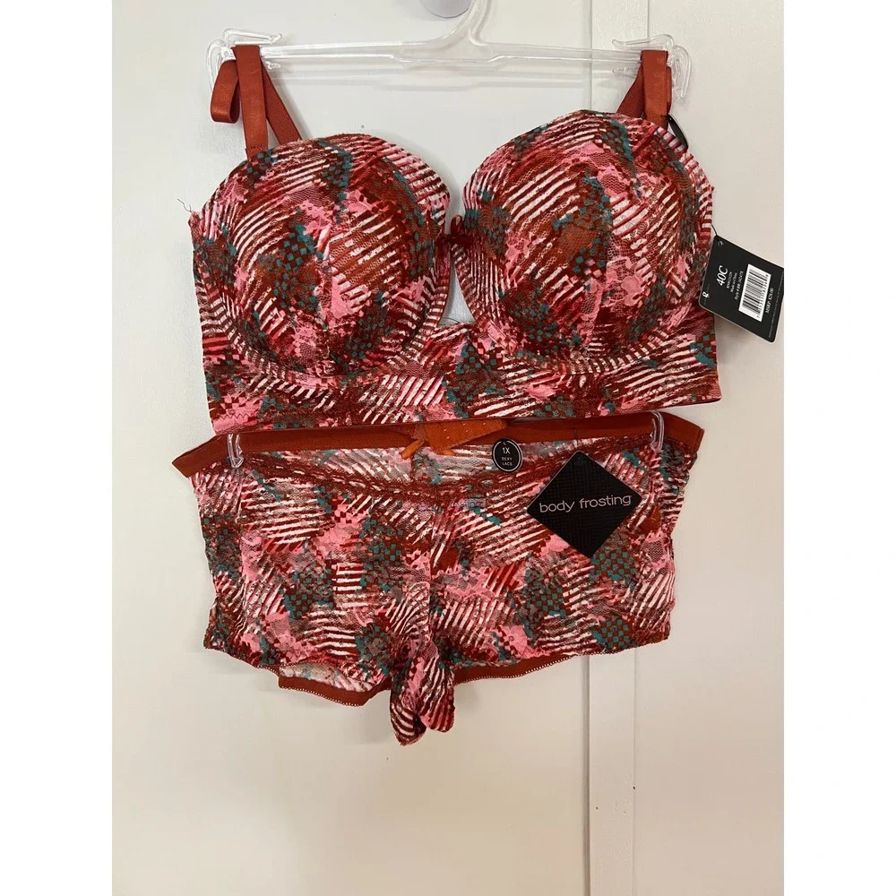 Body Frosting 2pc Longline Bra and Panty Set Multicolor Lace 40C 1X BR-34247X